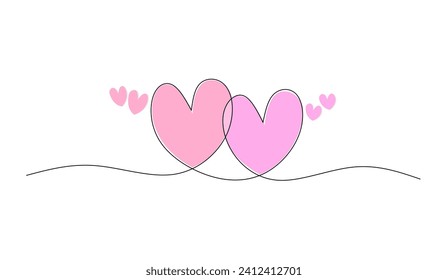 Continuous one line drawing of two hearts icon with watercolor spots. Holiday card, romantic, wedding design elements. Hand drawing symbol of love.