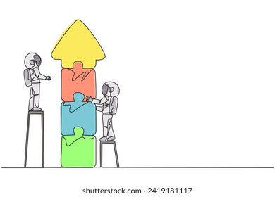 Continuous one line drawing two robots doing teamwork together. Climbing the stairs, the two put together puzzle to form an arrow up. Cosmic galaxy concept. Single line draw design vector illustration