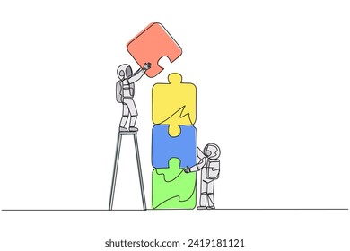 Continuous one line drawing two astronauts putting together a puzzle. One of the two climbs up the ladder to stack the puzzle by four. Great space teamwork. Single line draw design vector illustration