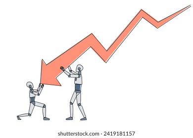 Continuous one line drawing two robots holding large arrow charts swooping down. One of the robots holding the end. Team work so the arrow can go back up. Single line draw design vector illustration