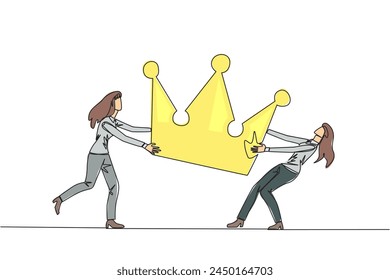 Continuous one line drawing two emotional businesswoman fighting over crown. Fighting for become the most successful and respected businesswoman. Conflict. Single line draw design vector illustration