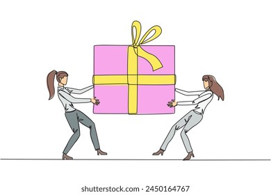 Continuous one line drawing two professional businesswoman fighting over gift box. Entrepreneurs against environmental pollution fight for the main prize. Single line draw design vector illustration