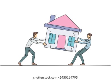 Continuous one line drawing two emotional businessman fighting over miniature house. The concept of fighting for luxurious house that they really want. Single line draw design vector illustration