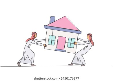 Continuous one line drawing two emotional Arabian businessman fighting over miniature house. Concept of fighting for luxurious house that they really want. Single line draw design vector illustration