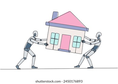 Continuous one line drawing two emotional robot fighting over miniature house. The concept of fighting for luxurious house that they really want. AI tech. Single line draw design vector illustration