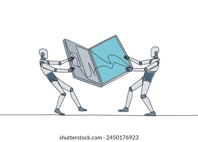 Continuous one line drawing two emotional robot fighting over the laptop. Fighting for information about very good area to be the next target market. Tech. Single line draw design vector illustration