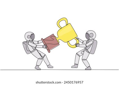 Continuous one line drawing two angry astronaut fighting over trophy. There are no co-champions. The two cosmonauts are required to contest ideas again. Single line draw design vector illustration