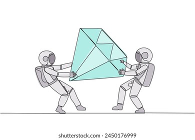 Continuous one line drawing two selfish astronaut fighting over the big diamond. Fight over diamond mines that make profit boost for cosmonaut. Conflict. Single line draw design vector illustration