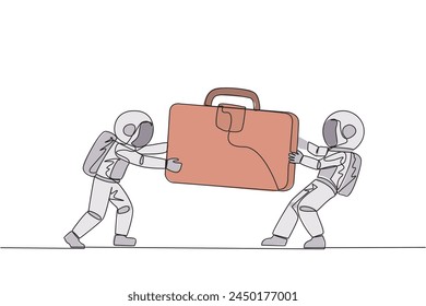 Una línea continua dibujando a dos agresivos astronautas peleando por el maletín. Pelea por los datos del cliente contenidos en la bolsa. Ataque de astronautas. Cósmico. Ilustración vectorial de diseño de dibujo de una sola línea