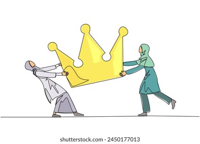 Continuous one line drawing two angry Arabian businesswoman fighting over the crown. Fighting for become the most successful and respected businessman. Conflict. Single line draw vector illustration