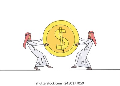 Continuous one line drawing two angry Arabian businessman fighting over dollar sign coin. The last coin used to buy fresh drinks at vending machine. Attack. Single line draw design vector illustration