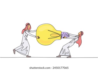 Continuous one line drawing two Arabian businessman fighting over lightbulb. Both of them differed, feeling most right. Emotional businessman. Conflict. Single line draw design vector illustration