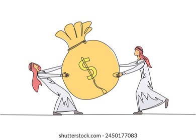 Continuous one line drawing two Arabian businessman fighting over money bag. Fighting for additional capital after several shares were released to public. Single line draw design vector illustration