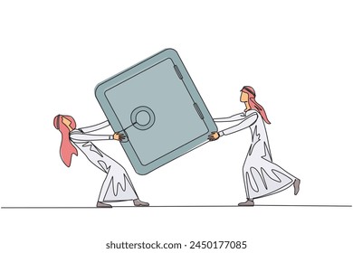 Continuous one line drawing two Arabian businessman fighting over safe deposit box. Fight for a safe place to store important data. Businessman conflict. Single line draw design vector illustration