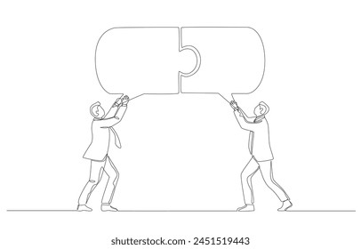 Dibujo continuo de una línea de dos hombres de negocios conectar el rompecabezas de la burbuja del discurso, la comunicación comercial exitosa, la compatibilidad de ideas en el concepto del trabajo, arte de una sola línea.