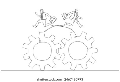 Continuous one line drawing of two businessmen swapping their cogwheels, job rotation or switching job positions concept, single line art.