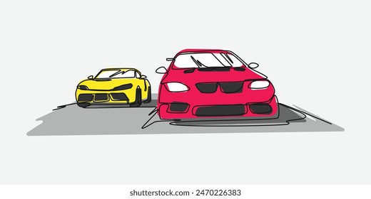 Continuous one line drawing of two sports car racing. Editable stroke. Colored vector illustration.