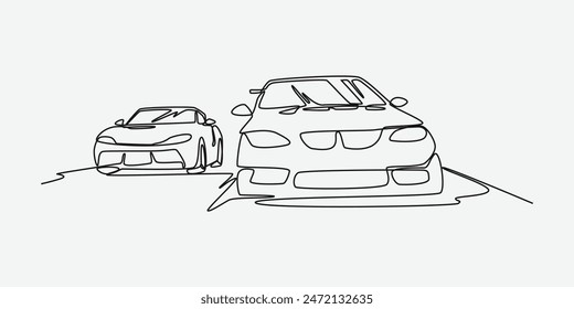 Continuous one line drawing of two sports car racing. Editable stroke. Vector illustration.