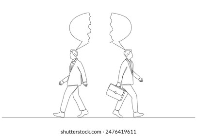 Continuous one line drawing of two businessmen with broken speech bubbles walking in opposite directions, business conflict and disagreement concept, single line art.