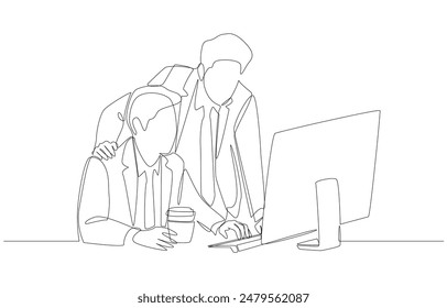 Continuous one line drawing of two businessmen looking at computer screen to check work, collaboration in office concept, single line art.