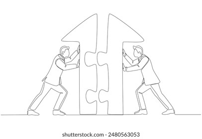 Continuous one line drawing of two businessmen pushing half arrow jigsaw pieces together, joint alliance to strengthen business or grow company concept, single line art.