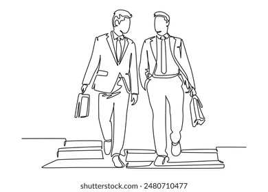 Continuous one line drawing two young success company business men take walk and talk together after company meeting. Business conversation concept. Single line draw design vector graphic illustration