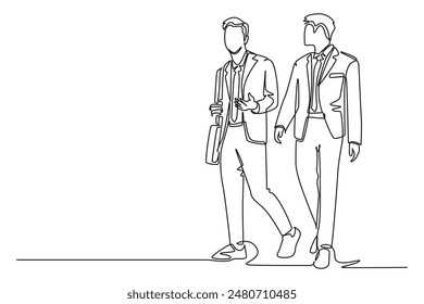 Continuous one line drawing two young success company manager take a walking and talking together after office hour. Business conversation concept. Single line draw design vector graphic illustration