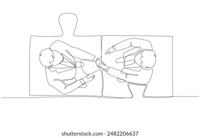 Continuous one line drawing of two businessmen shaking hands on connected jigsaw pieces, partnership or working together for success concept, single line art.