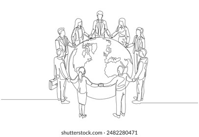 Continuous one line drawing of two businessmen shaking hands on connected jigsaw pieces, partnership or working together for success concept, single line art.