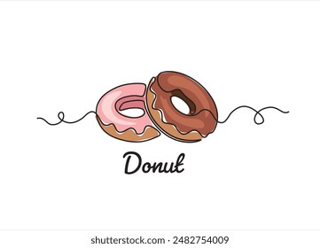 Continuous one line drawing of two delicious donuts with topping isolated on white background. Food concept vector illustration.	