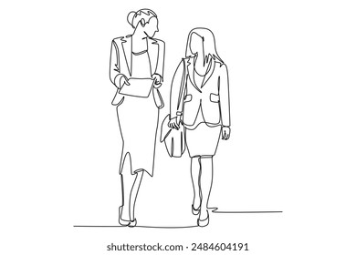 Continuous one line drawing two young success female company manager take a walk and talk together after office hour. Business conversation concept. Single line draw design vector graphic illustration