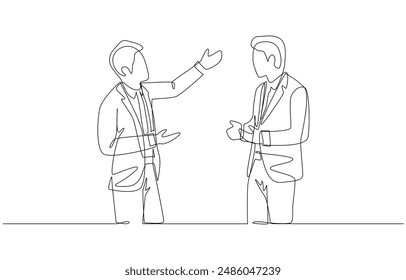 Dibujo continuo de una línea de dos hombres de negocios que discuten sobre el trabajo, concepto de conflicto de negocios, arte de una sola línea.