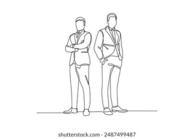 Continuous one line drawing of two businessmen standing with arms crossed. Illustration design