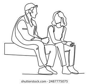 continuous one line drawing of two young male workers chatting casually during office break.