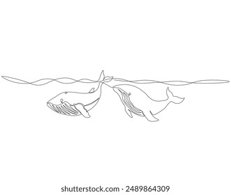 Continuous one line drawing of two blue whale swimming together. One line drawing illustration of blue whale swimming. Marine mammals concept line art. Editable outline.
