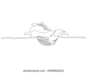 Continuous one line drawing of two blue whale swimming together. One line drawing illustration of blue whale swimming. Marine mammals concept line art. Editable outline.