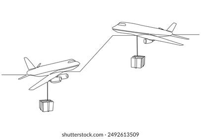 Continuous one line drawing of two planes flying with parcels in opposite directions, importing and exporting goods, air cargo concept, single line art.