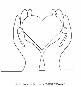 Dibujo continuo de una línea de dos manos sosteniendo un corazón.