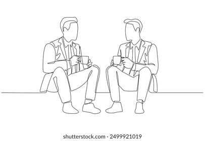 Continuous one line drawing of two businessmen chatting amicably during a coffee break, rest break at work concept, single line art.