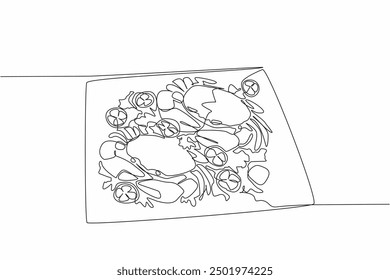 Continuous one line drawing two crabs on a square plate. Big size, satisfied when eating it. Spicy curry boiled crab. Very tasty. National Crab Meat Day. Single line draw design vector illustration