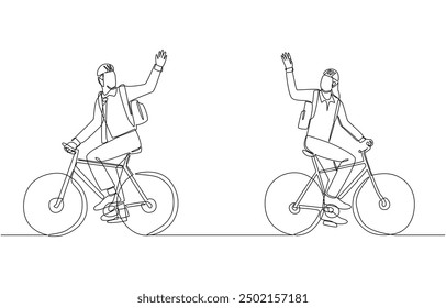 Continuous one line drawing of two employees riding bicycles and waving goodbye to each other after work, cycling to work eco friendly commuting concept, single line art.