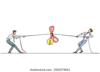 Continuous one line drawing two businessmen fighting for a medal award. Must be number one in any business field. Get competition from anyone. Struggle. Single line draw design vector illustration