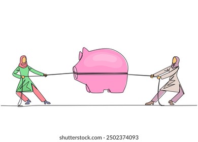 Continuous one line drawing two Arabian businesswomen fighting over a piggy bank. Fight for additional incentives. Useful in retirement. Old age savings. Single line draw design vector illustration