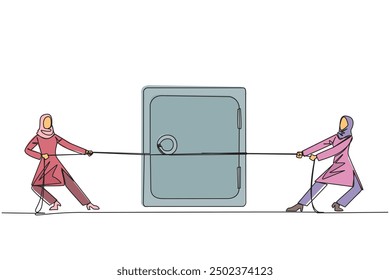 Continuous one line drawing two Arabian businesswomen fighting over a safe deposit box. Fierce battle to obtain business expansion data stored in safes. Single line draw design vector illustration