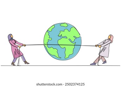 Continuous one line drawing two Arabian businesswomen fighting over globe. Fierce fight for territory. Build a business empire. Get the profit. Work smart. Single line draw design vector illustration