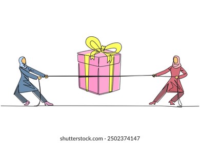 Continuous one line drawing two Arabian businesswomen fighting over a gift box. Fight to be the best. Winning bonuses. Career achievements to earn bonuses. Single line draw design vector illustration