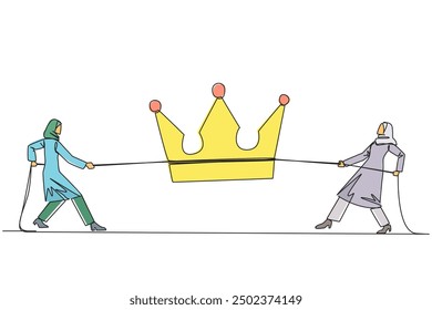 Continuous one line drawing two Arabian businesswomen fight for the crown. Fight to become a reliable business queen. A boss who makes a lot of profits. Single line draw design vector illustration