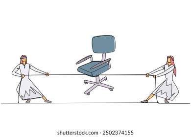 Continuous one line drawing two Arabian businessmen fighting over an office chair. The struggle for the most comfortable position in the office. Work hard. Single line draw design vector illustration