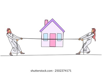 Continuous one line drawing two Arabian businessmen fight over a miniature house. The struggle to achieve dream home. Investment that won't make a loss. Single line draw design vector illustration