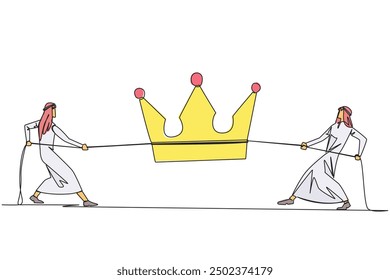 Continuous one line drawing two Arabian businessmen fight for the crown. Compete for the throne to facilitate the smooth running of business. Authority. Single line draw design vector illustration